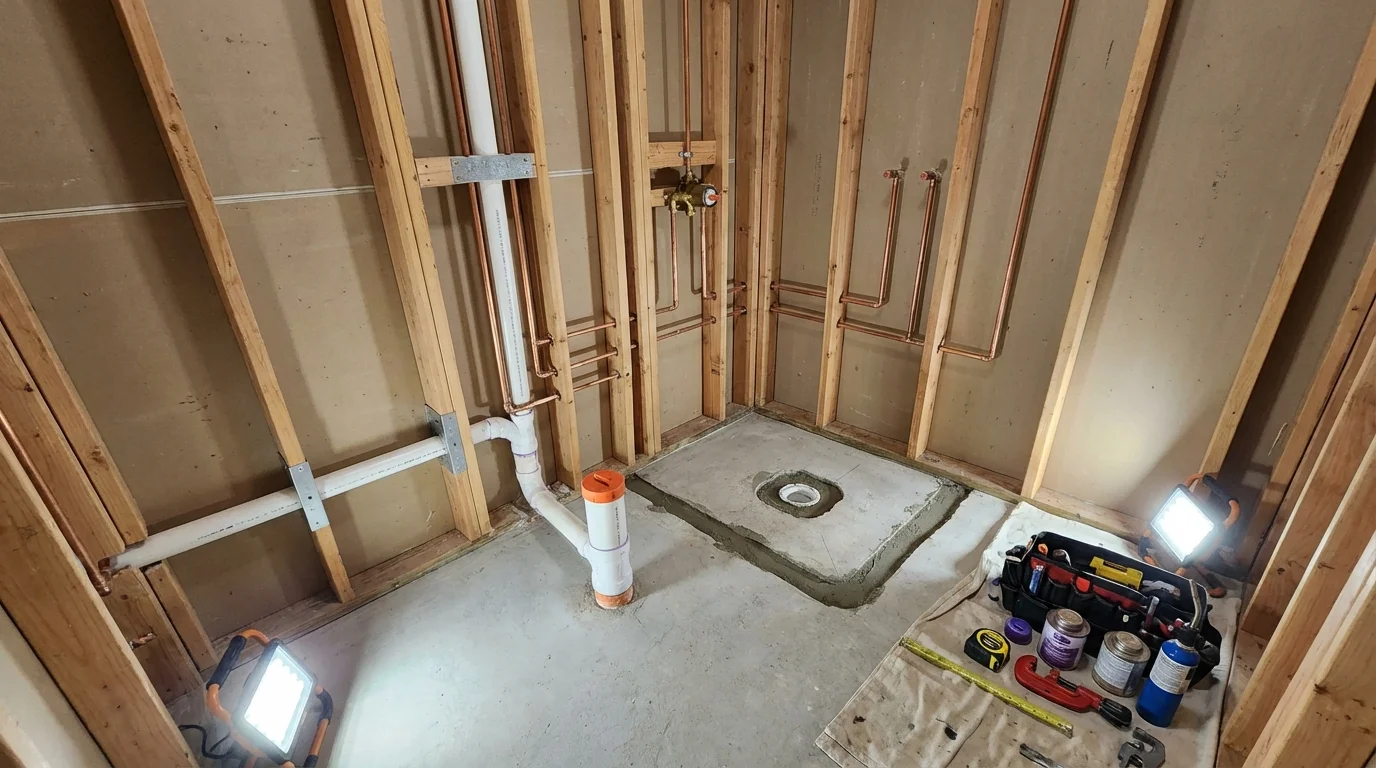Bathroom rough-in plumbing during remodel by Johns Plumbing LLC in Haleyville