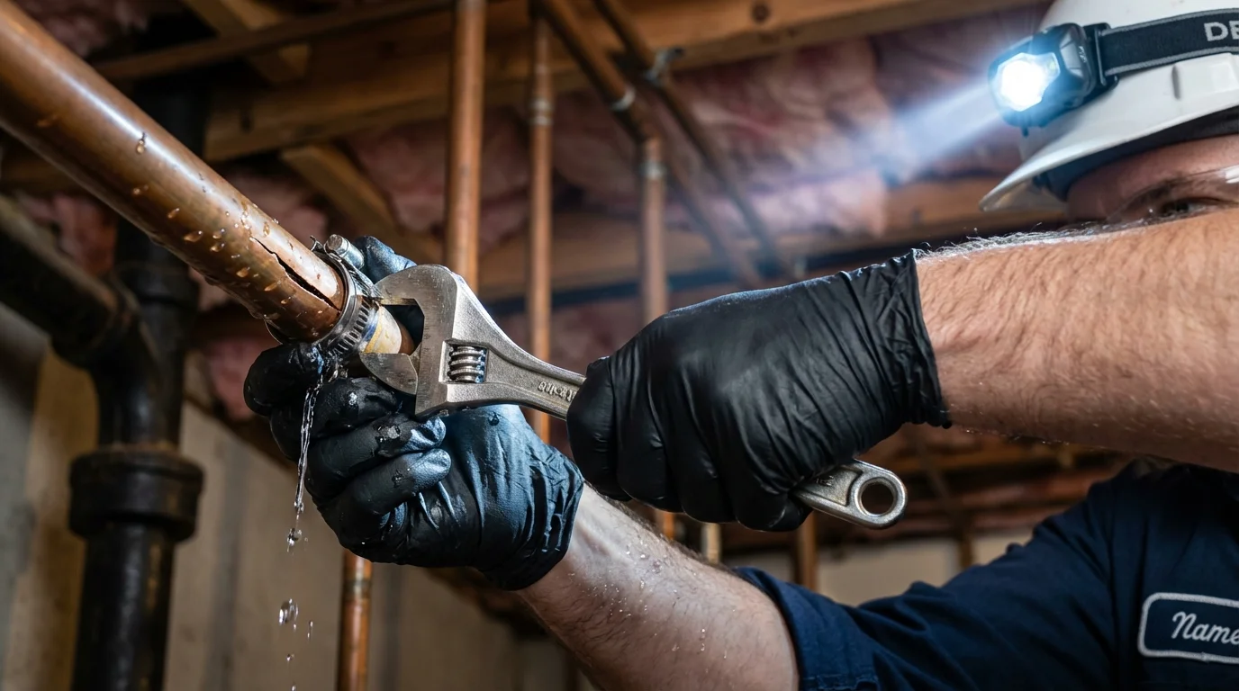 Emergency pipe clamp repair being performed by a Johns Plumbing LLC plumber in Haleyville