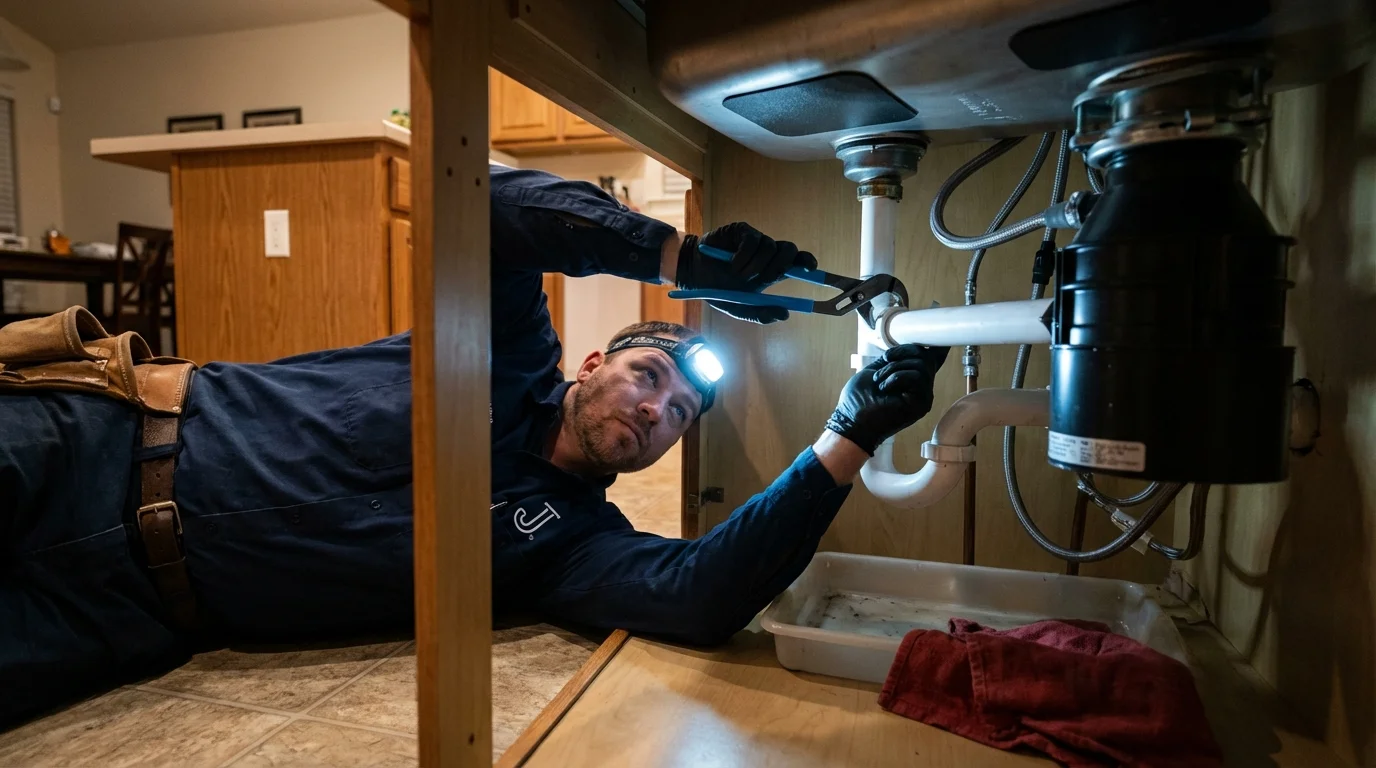 P-trap and supply line connections under a kitchen sink showing a common leak point in Haleyville, AL